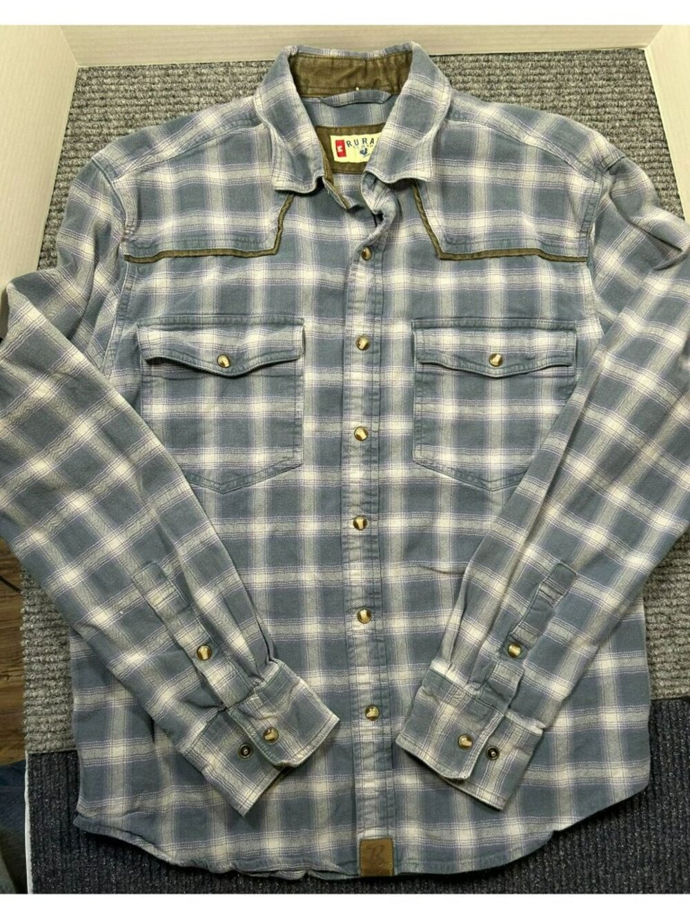 Rural Cloth Mens Flannel Button-Down Plaid Shirt Medium Blue/Tan Long Sleeve Wes